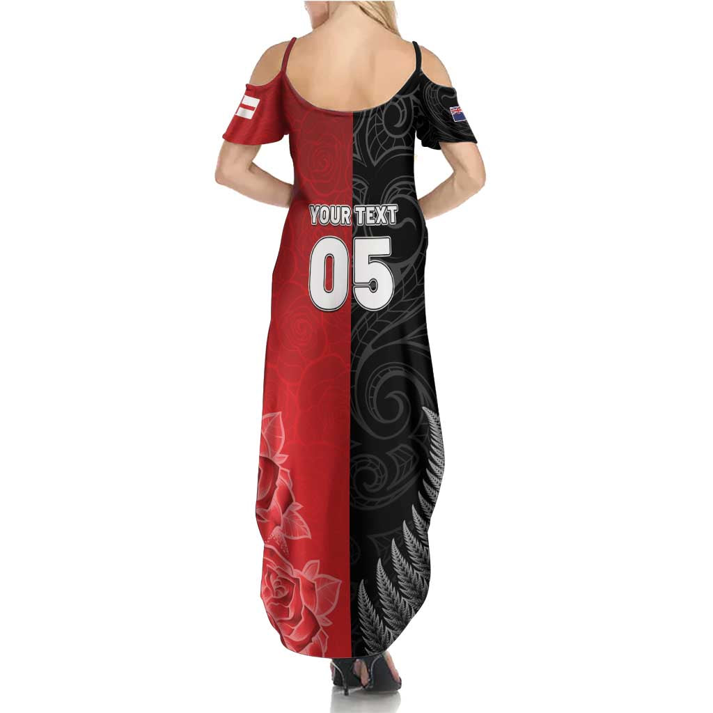 New Zealand And England Rugby Custom Summer Maxi Dress Red Rose Mix Maori Pattern LT05 - Polynesian Pride