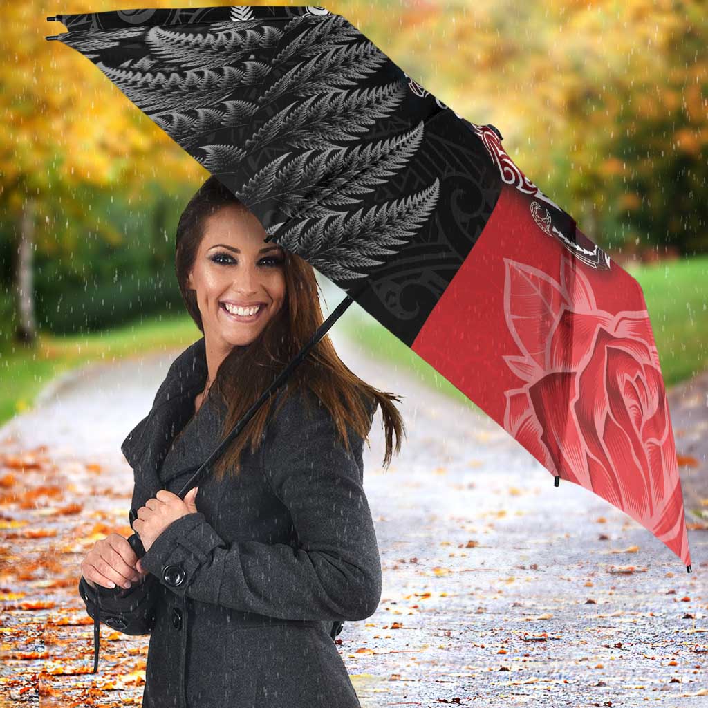 New Zealand And England Rugby Umbrella Red Rose Mix Maori Pattern - Polynesian Pride