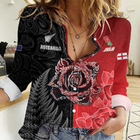 New Zealand And England Rugby Custom Women Casual Shirt Red Rose Mix Maori Pattern LT05 Female Black - Polynesian Pride