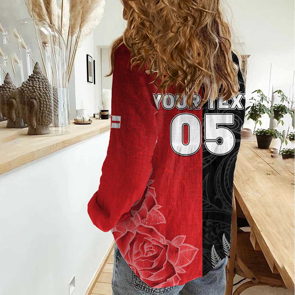 New Zealand And England Rugby Custom Women Casual Shirt Red Rose Mix Maori Pattern LT05 - Polynesian Pride