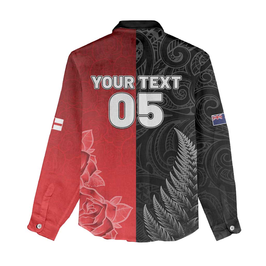 New Zealand And England Rugby Custom Women Casual Shirt Red Rose Mix Maori Pattern LT05 - Polynesian Pride