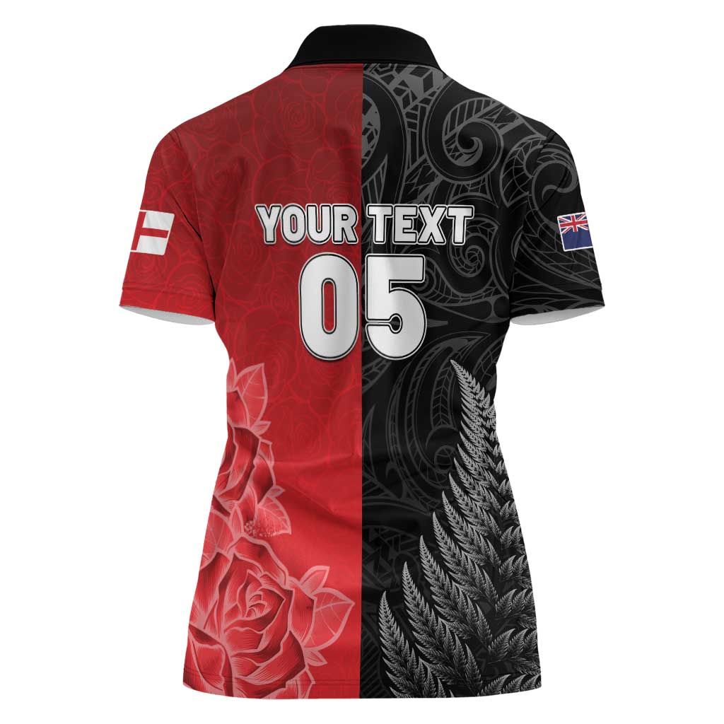 New Zealand And England Rugby Custom Women Polo Shirt Red Rose Mix Maori Pattern LT05 - Polynesian Pride