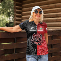 New Zealand And England Rugby Custom Women Polo Shirt Red Rose Mix Maori Pattern LT05 - Polynesian Pride