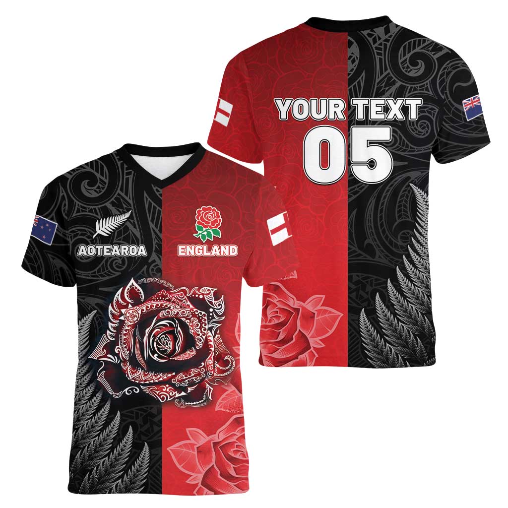 New Zealand And England Rugby Custom Women V-Neck T-Shirt Red Rose Mix Maori Pattern LT05 - Polynesian Pride