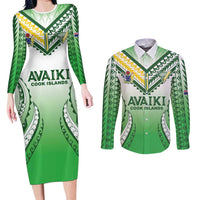 Custom Cook Islands Avaiki Rugby Couples Matching Long Sleeve Bodycon Dress and Long Sleeve Button Shirt Go Champions LT05 Green - Polynesian Pride