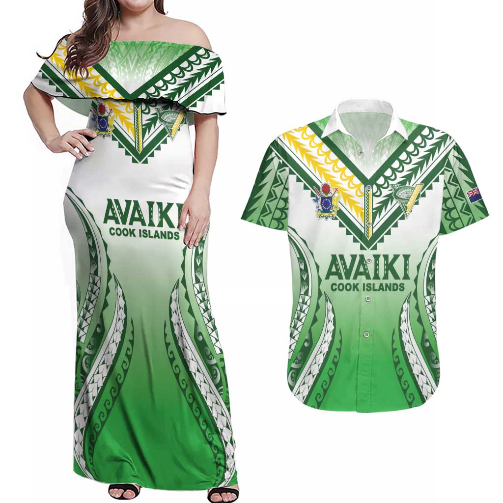 Custom Cook Islands Avaiki Rugby Couples Matching Off Shoulder Maxi Dress and Hawaiian Shirt Go Champions LT05 Green - Polynesian Pride