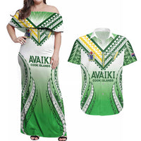 Custom Cook Islands Avaiki Rugby Couples Matching Off Shoulder Maxi Dress and Hawaiian Shirt Go Champions LT05 Green - Polynesian Pride