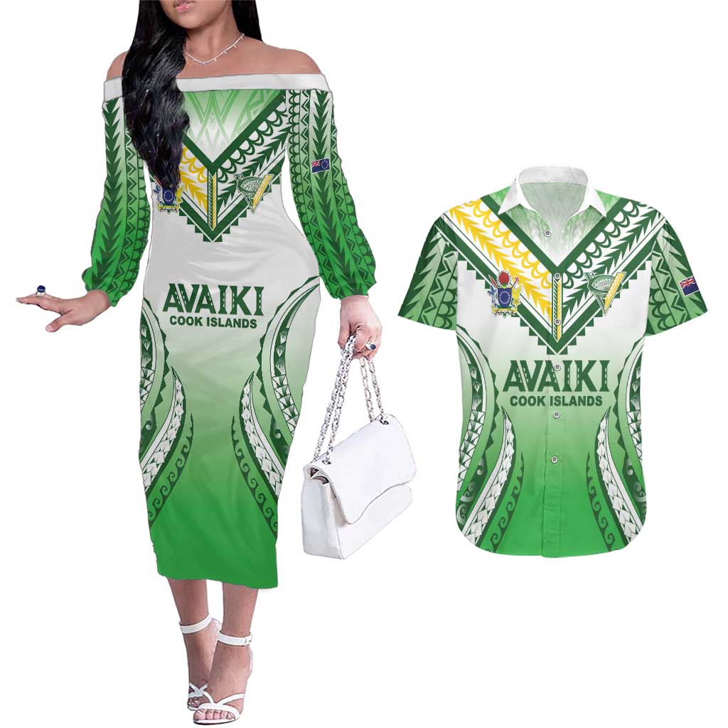 Custom Cook Islands Avaiki Rugby Couples Matching Off The Shoulder Long Sleeve Dress and Hawaiian Shirt Go Champions LT05 Green - Polynesian Pride