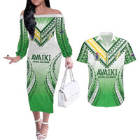 Custom Cook Islands Avaiki Rugby Couples Matching Off The Shoulder Long Sleeve Dress and Hawaiian Shirt Go Champions LT05 Green - Polynesian Pride