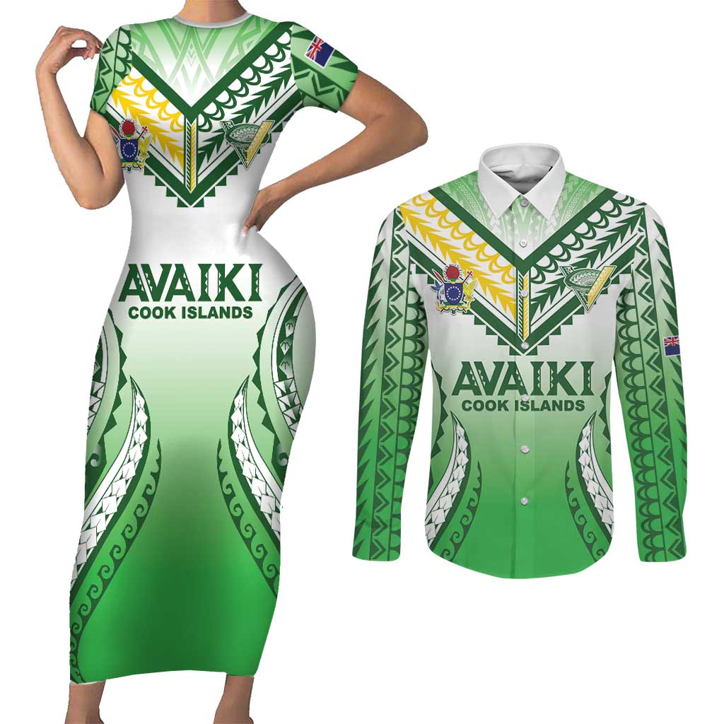 Custom Cook Islands Avaiki Rugby Couples Matching Short Sleeve Bodycon Dress and Long Sleeve Button Shirt Go Champions LT05 Green - Polynesian Pride