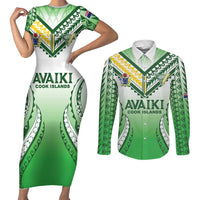 Custom Cook Islands Avaiki Rugby Couples Matching Short Sleeve Bodycon Dress and Long Sleeve Button Shirt Go Champions LT05 Green - Polynesian Pride