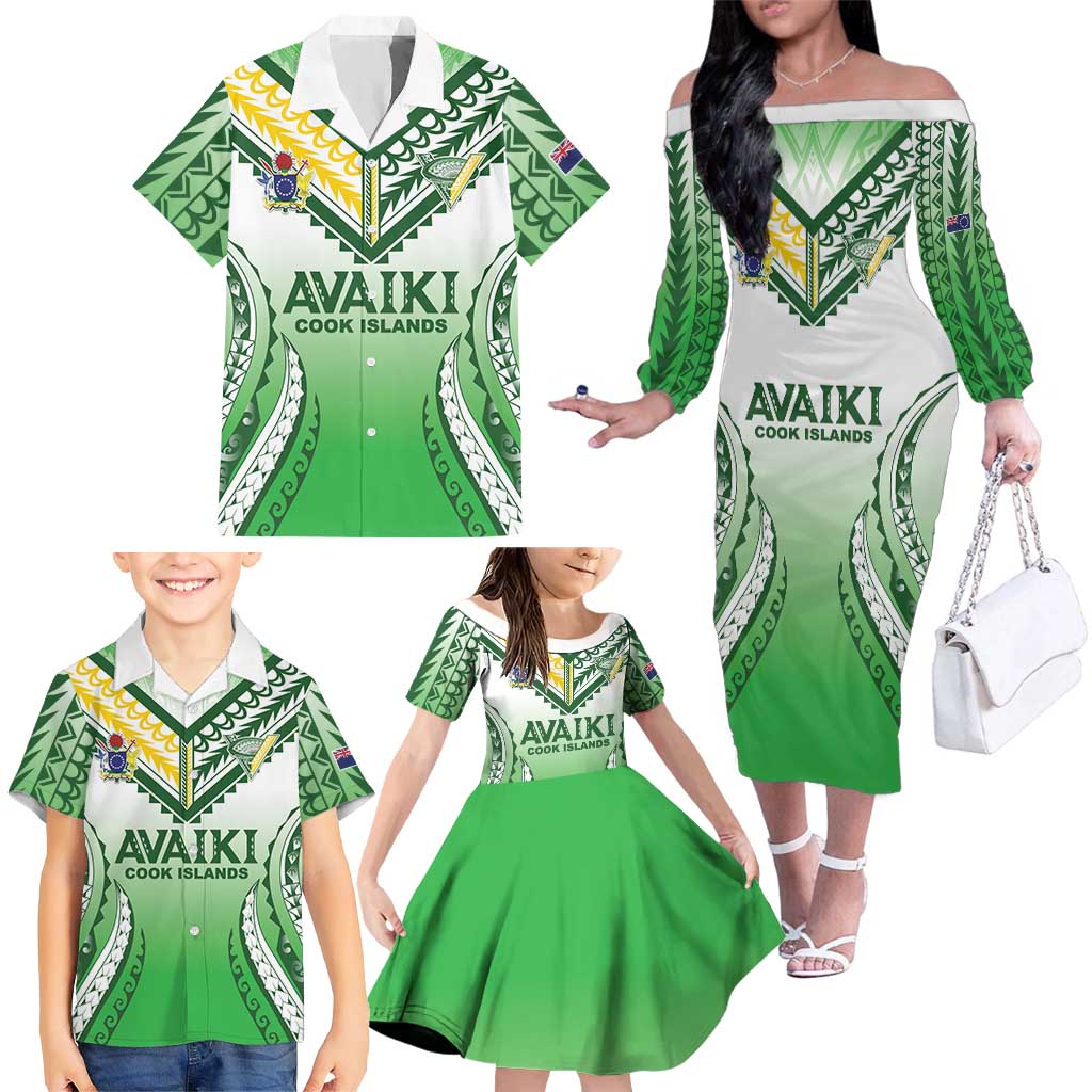 Custom Cook Islands Avaiki Rugby Family Matching Off The Shoulder Long Sleeve Dress and Hawaiian Shirt Go Champions LT05 - Polynesian Pride