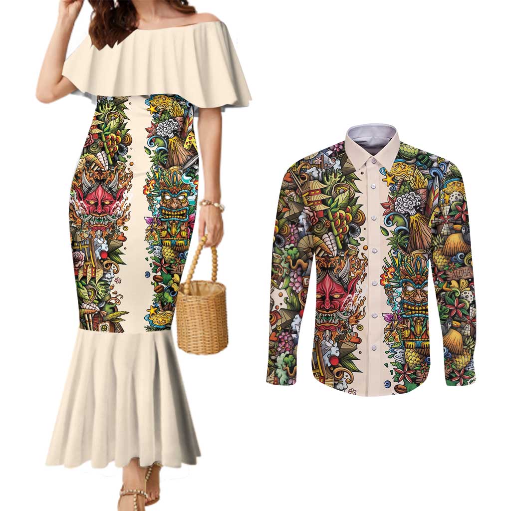 Hawaii And Japan Couples Matching Mermaid Dress and Long Sleeve Button Shirt Tiki With Oni Mask LT05 Colorful - Polynesian Pride