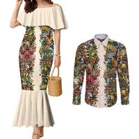 Hawaii And Japan Couples Matching Mermaid Dress and Long Sleeve Button Shirt Tiki With Oni Mask LT05 Colorful - Polynesian Pride