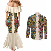 Hawaii And Japan Couples Matching Mermaid Dress and Long Sleeve Button Shirt Tiki With Oni Mask LT05 - Polynesian Pride
