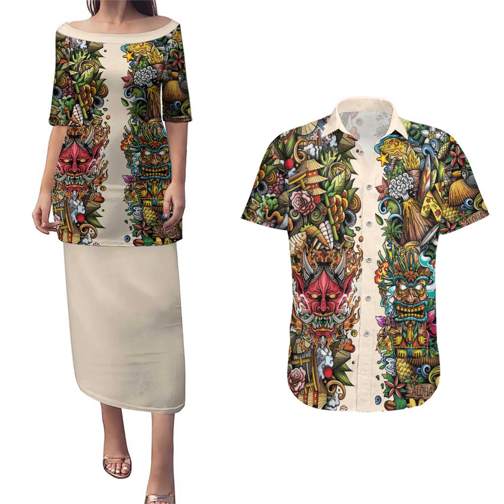 Hawaii And Japan Couples Matching Puletasi and Hawaiian Shirt Tiki With Oni Mask - Polynesian Pride