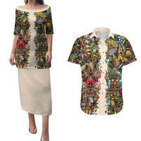 Hawaii And Japan Couples Matching Puletasi and Hawaiian Shirt Tiki With Oni Mask - Polynesian Pride