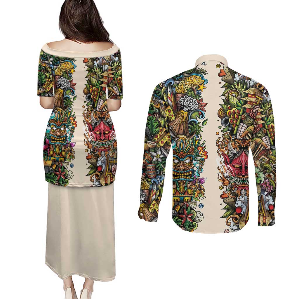 Hawaii And Japan Couples Matching Puletasi and Long Sleeve Button Shirt Tiki With Oni Mask - Polynesian Pride