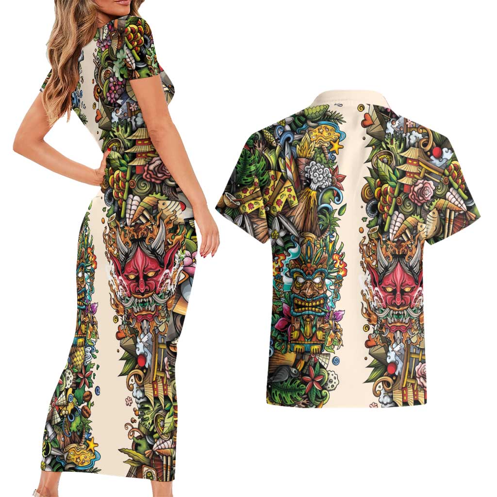 Hawaii And Japan Couples Matching Short Sleeve Bodycon Dress and Hawaiian Shirt Tiki With Oni Mask LT05 - Polynesian Pride