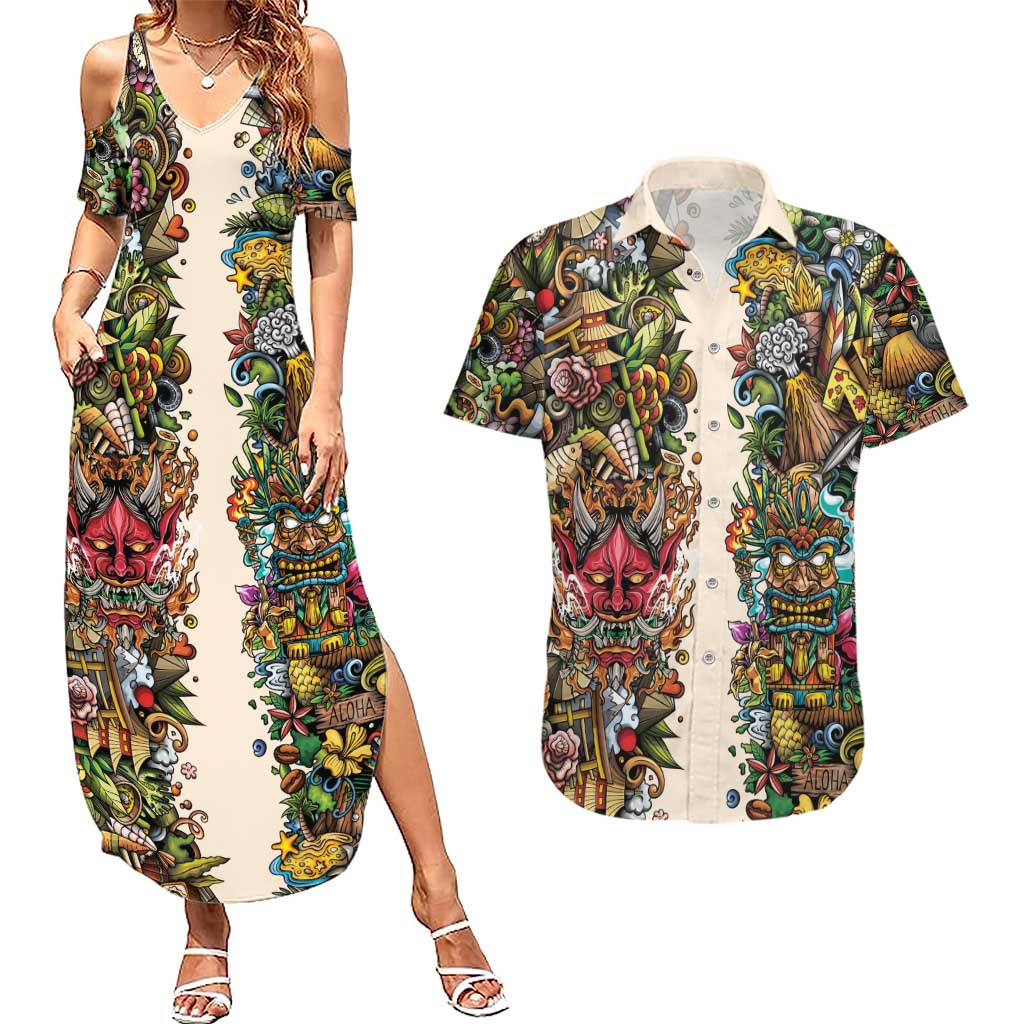 Hawaii And Japan Couples Matching Summer Maxi Dress and Hawaiian Shirt Tiki With Oni Mask LT05 Colorful - Polynesian Pride
