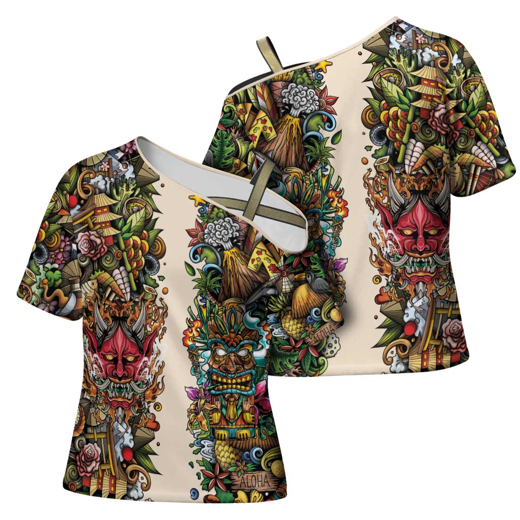Hawaii And Japan Cross Shoulder Shirt Tiki With Oni Mask - Polynesian Pride