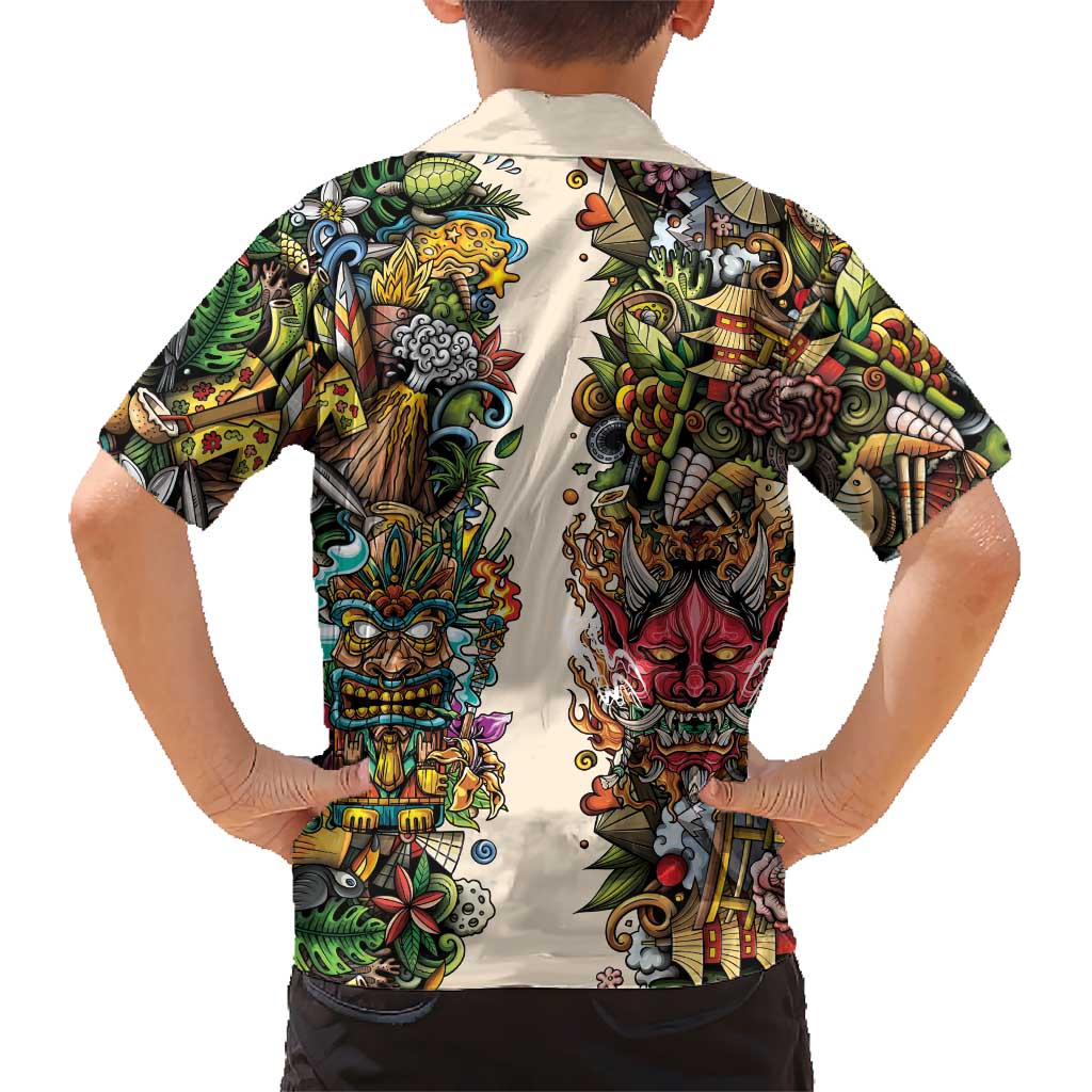 Hawaii And Japan Family Matching Long Sleeve Bodycon Dress and Hawaiian Shirt Tiki With Oni Mask LT05 - Polynesian Pride