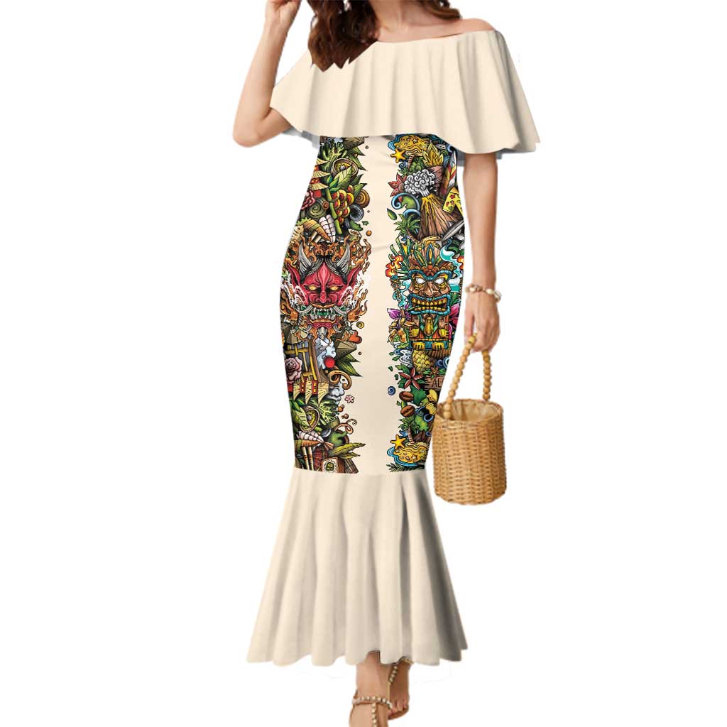 Hawaii And Japan Family Matching Mermaid Dress and Hawaiian Shirt Tiki With Oni Mask LT05 Mom's Dress Colorful - Polynesian Pride