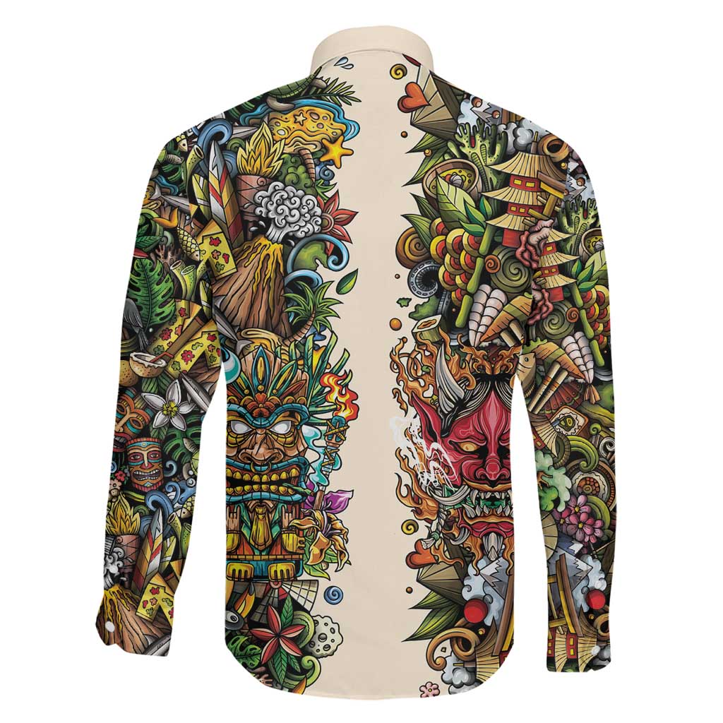 Hawaii And Japan Family Matching Off The Shoulder Long Sleeve Dress and Hawaiian Shirt Tiki With Oni Mask LT05 - Polynesian Pride