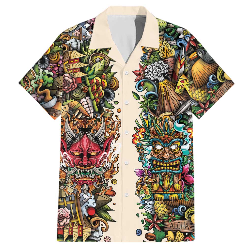 Hawaii And Japan Family Matching Off Shoulder Maxi Dress and Hawaiian Shirt Tiki With Oni Mask LT05 Dad's Shirt - Short Sleeve Colorful - Polynesian Pride