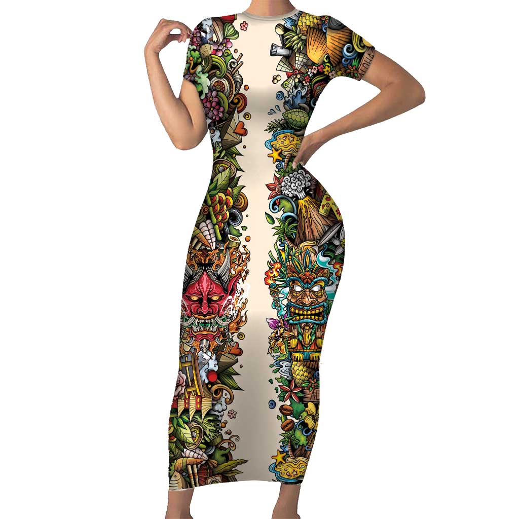 Hawaii And Japan Family Matching Short Sleeve Bodycon Dress and Hawaiian Shirt Tiki With Oni Mask LT05 Mom's Dress Colorful - Polynesian Pride