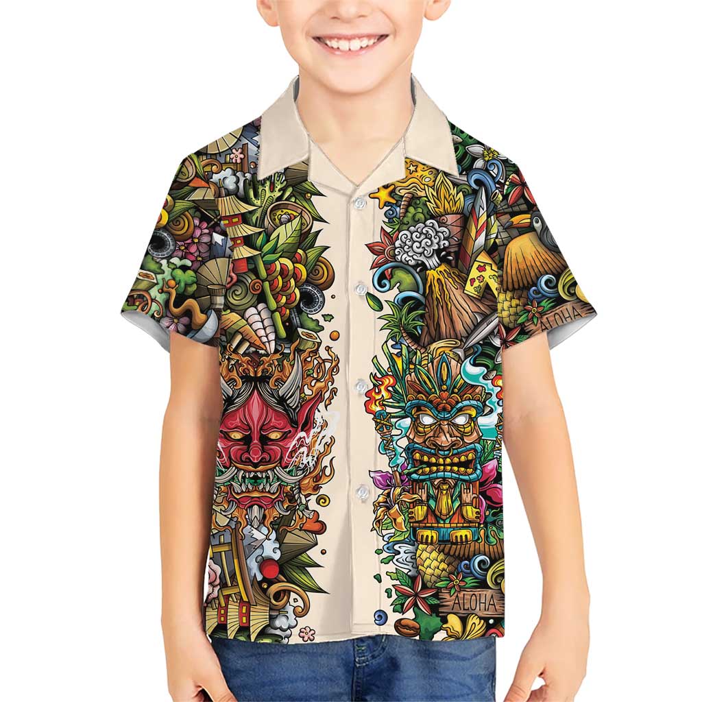 Hawaii And Japan Family Matching Short Sleeve Bodycon Dress and Hawaiian Shirt Tiki With Oni Mask LT05 Son's Shirt Colorful - Polynesian Pride