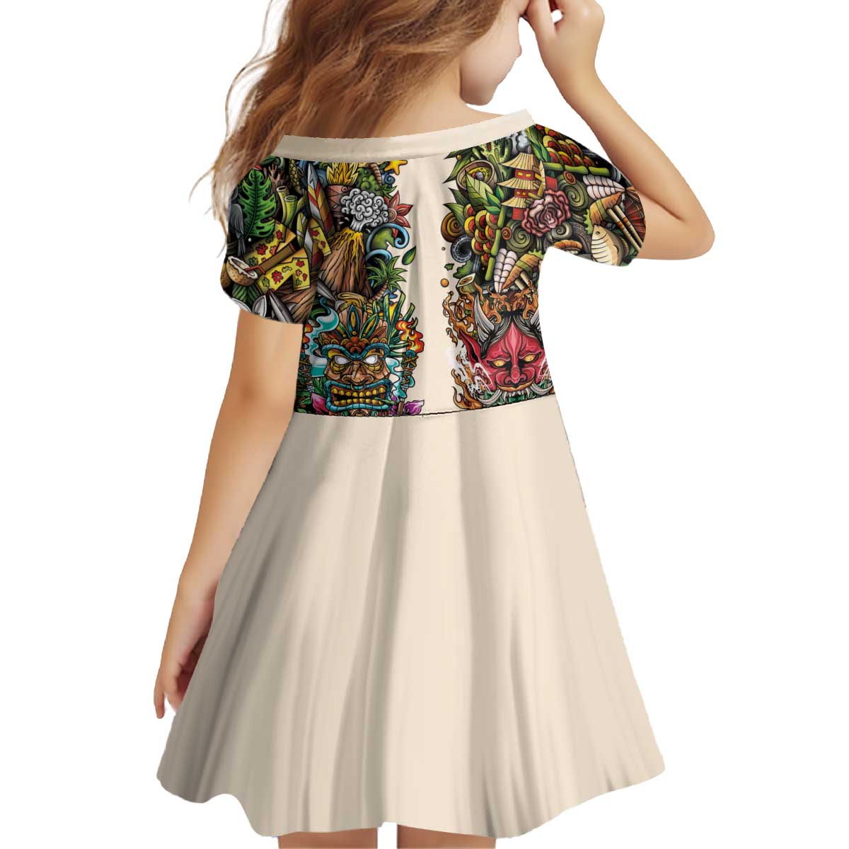 Hawaii And Japan Kid Short Sleeve Dress Tiki With Oni Mask - Polynesian Pride