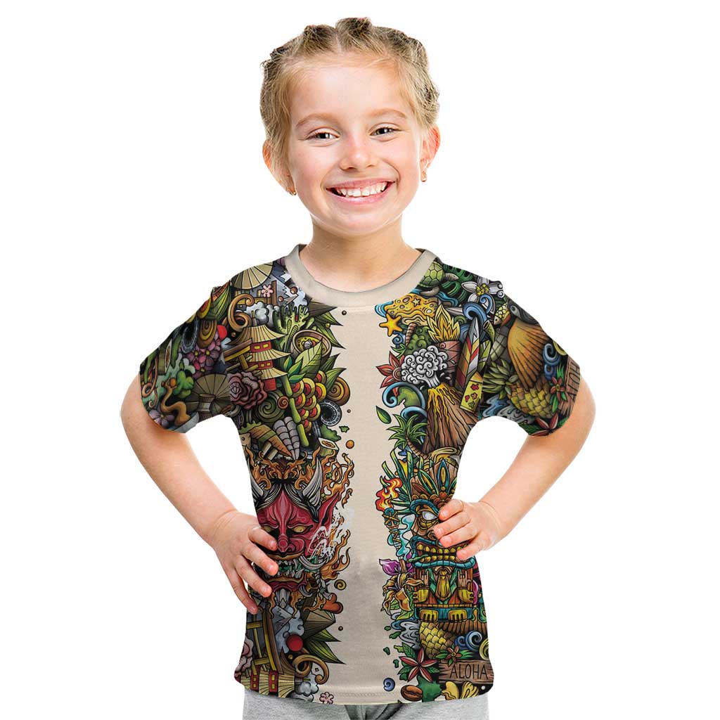 Hawaii And Japan Kid T Shirt Tiki With Oni Mask - Polynesian Pride