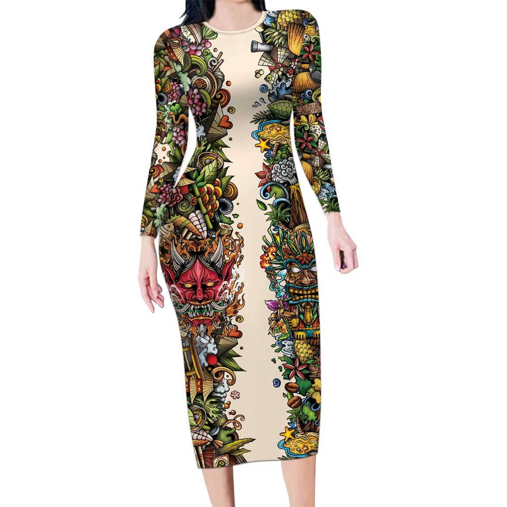 Hawaii And Japan Long Sleeve Bodycon Dress Tiki With Oni Mask LT05 Long Dress Colorful - Polynesian Pride