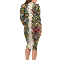 Hawaii And Japan Long Sleeve Bodycon Dress Tiki With Oni Mask LT05 - Polynesian Pride