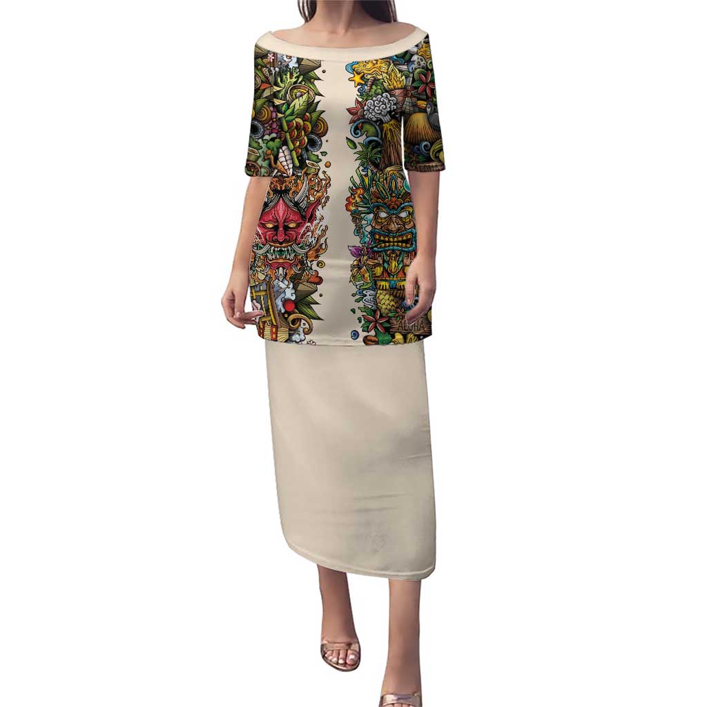 Hawaii And Japan Puletasi Tiki With Oni Mask LT05 Long Dress Colorful - Polynesian Pride