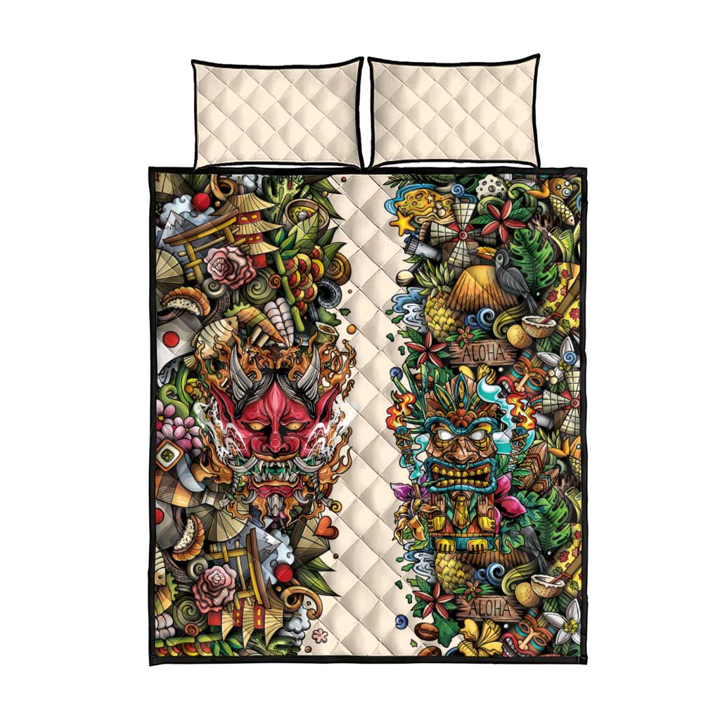 Hawaii And Japan Quilt Bed Set Tiki With Oni Mask LT05 - Polynesian Pride