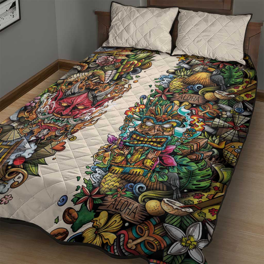 Hawaii And Japan Quilt Bed Set Tiki With Oni Mask LT05 - Polynesian Pride