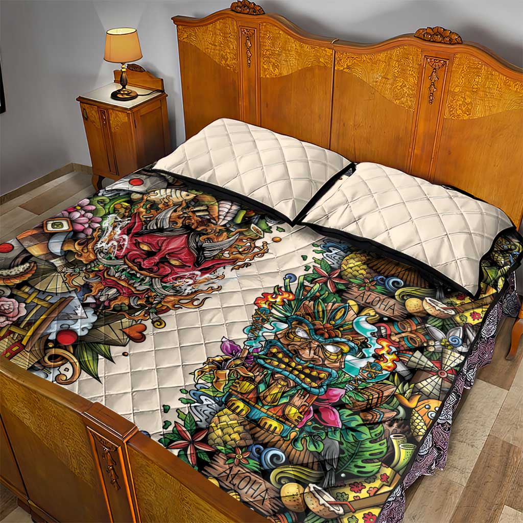 Hawaii And Japan Quilt Bed Set Tiki With Oni Mask LT05 - Polynesian Pride