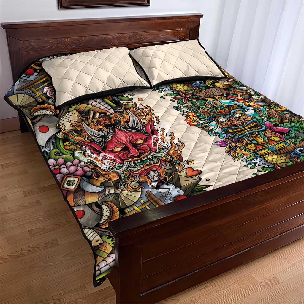 Hawaii And Japan Quilt Bed Set Tiki With Oni Mask LT05 - Polynesian Pride