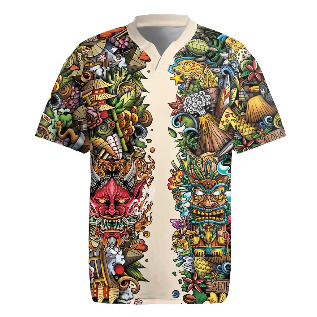 Hawaii And Japan Rugby Jersey Tiki With Oni Mask LT05 Colorful - Polynesian Pride