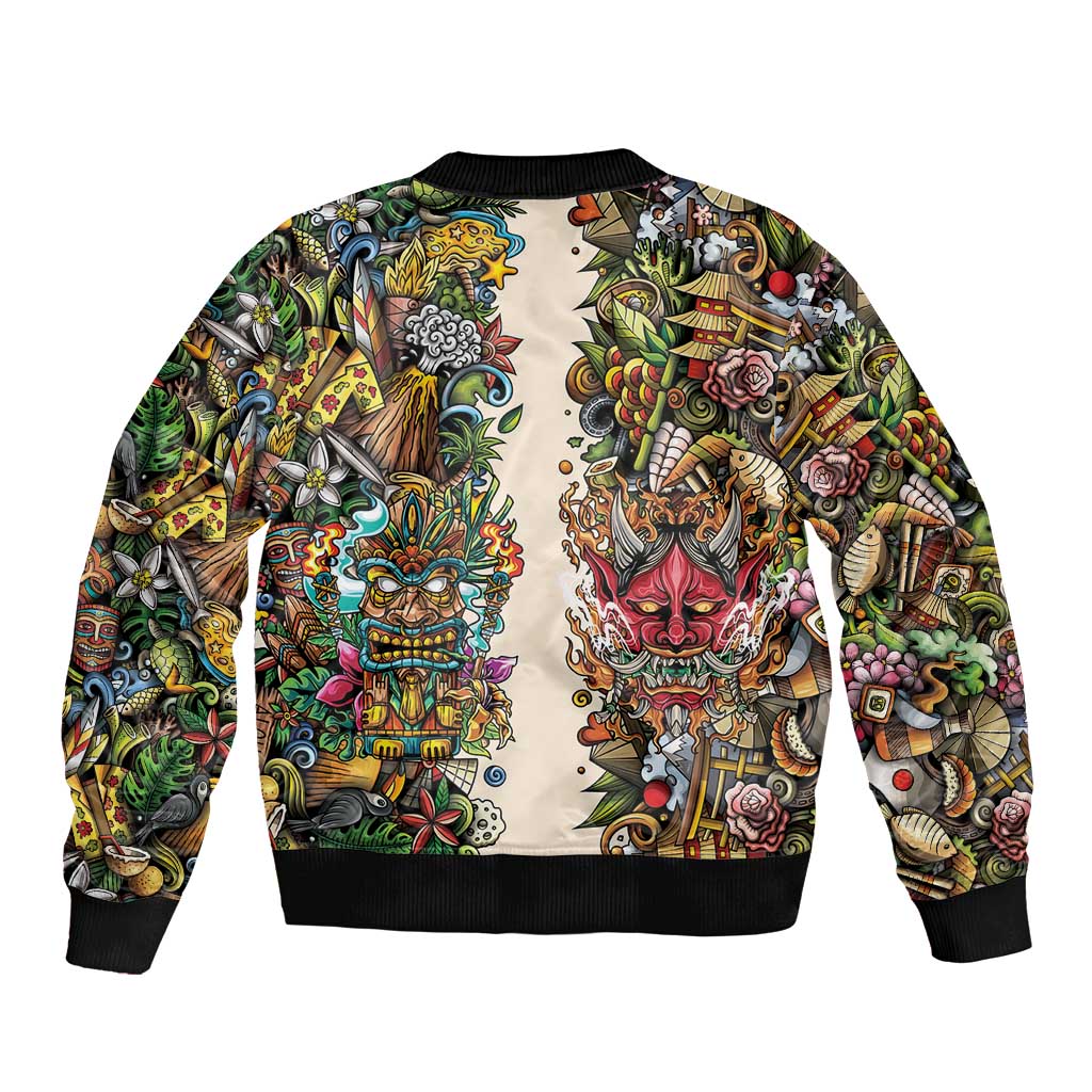Hawaii And Japan Sleeve Zip Bomber Jacket Tiki With Oni Mask LT05 - Polynesian Pride