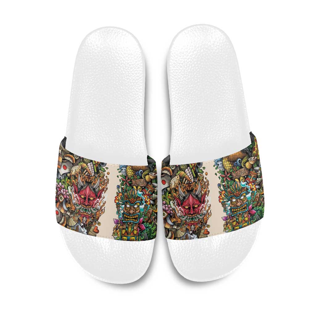 Hawaii And Japan Slide Sandals Tiki With Oni Mask - Polynesian Pride