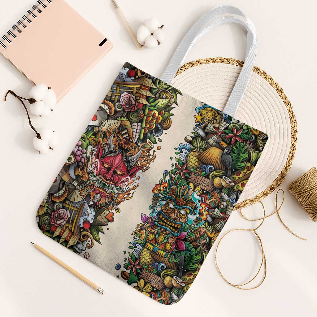 Hawaii And Japan Tote Bag Tiki With Oni Mask - Polynesian Pride
