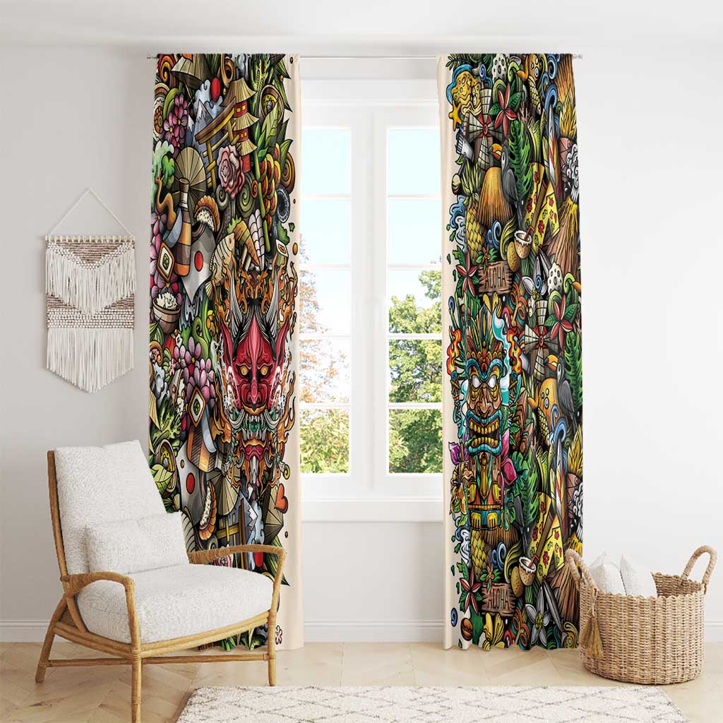 Hawaii And Japan Window Curtain Tiki With Oni Mask - Polynesian Pride