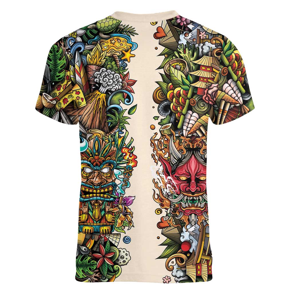 Hawaii And Japan Women V-Neck T-Shirt Tiki With Oni Mask - Polynesian Pride