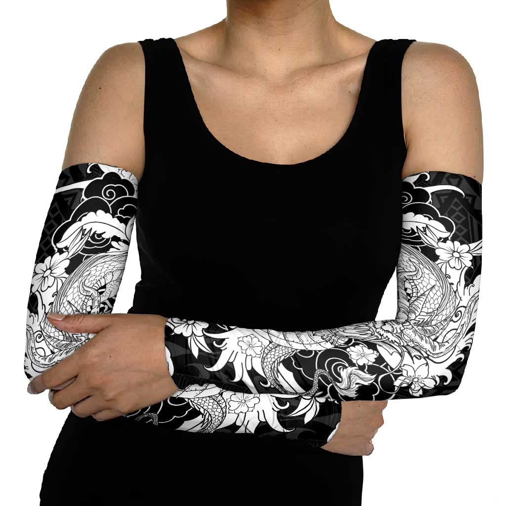 Hawaiian And Japanese Culture Arm Sleeves Irezumi Dragon With Polynesian Pattern Black - Polynesian Pride