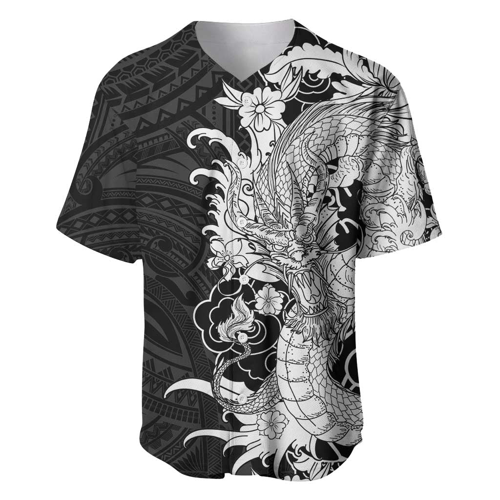 Hawaiian And Japanese Culture Baseball Jersey Irezumi Dragon With Polynesian Pattern Black - Polynesian Pride