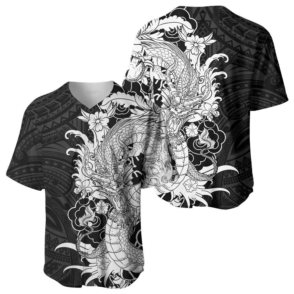 Hawaiian And Japanese Culture Baseball Jersey Irezumi Dragon With Polynesian Pattern Black - Polynesian Pride