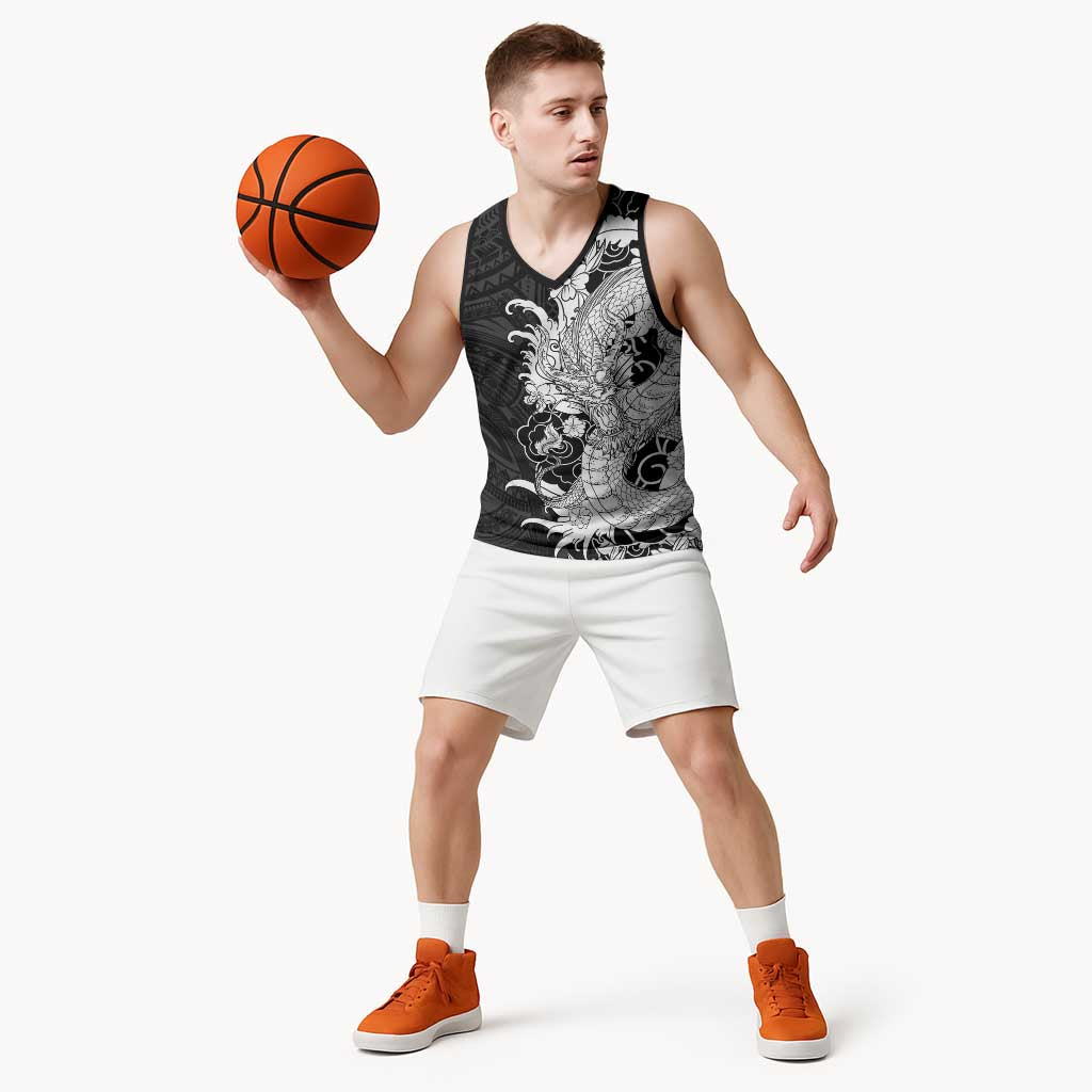 Hawaiian And Japanese Culture Basketball Jersey Irezumi Dragon With Polynesian Pattern Black - Polynesian Pride